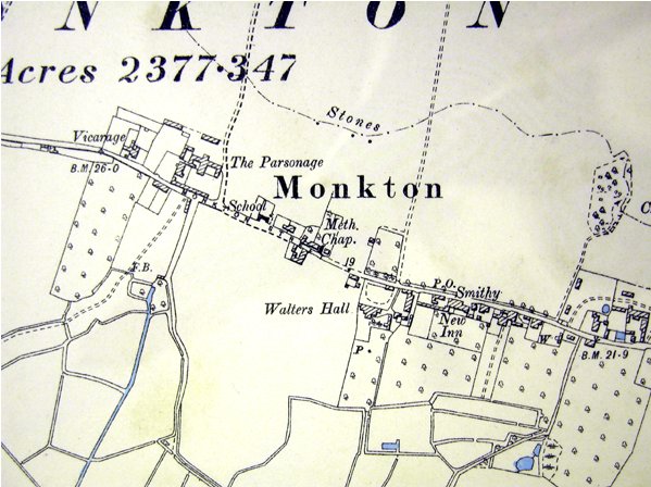 1881 Ordnance survey map of Monkton with link to modern ordnance survey map